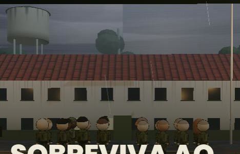 O pátio do quartel no jogo, com o pelotão em forma na chuva